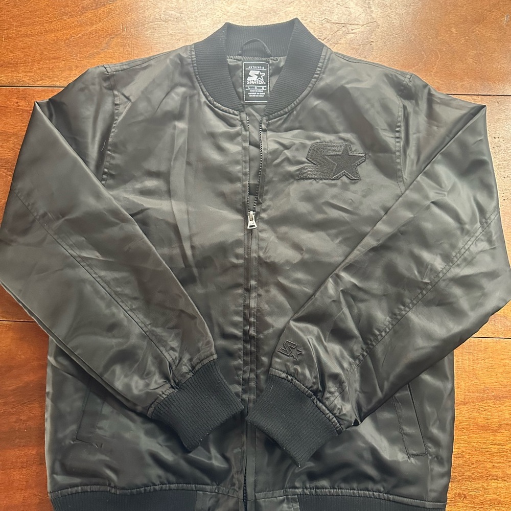STARTER 2018 Black Satin Bomber Jacket • Juniors Large (Adult XS/S) • Minimalist